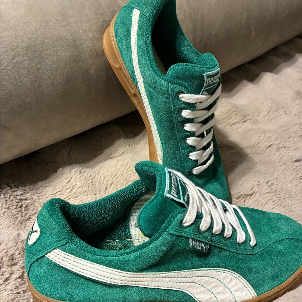 Puma Teal Suede Trainers with White Stripes